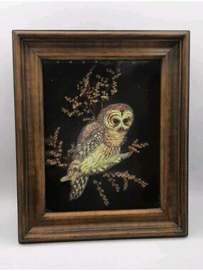 Vintage Handmade Paper Tole 3D Brown Owl Art in Wooden Shadow Box Wall Decor